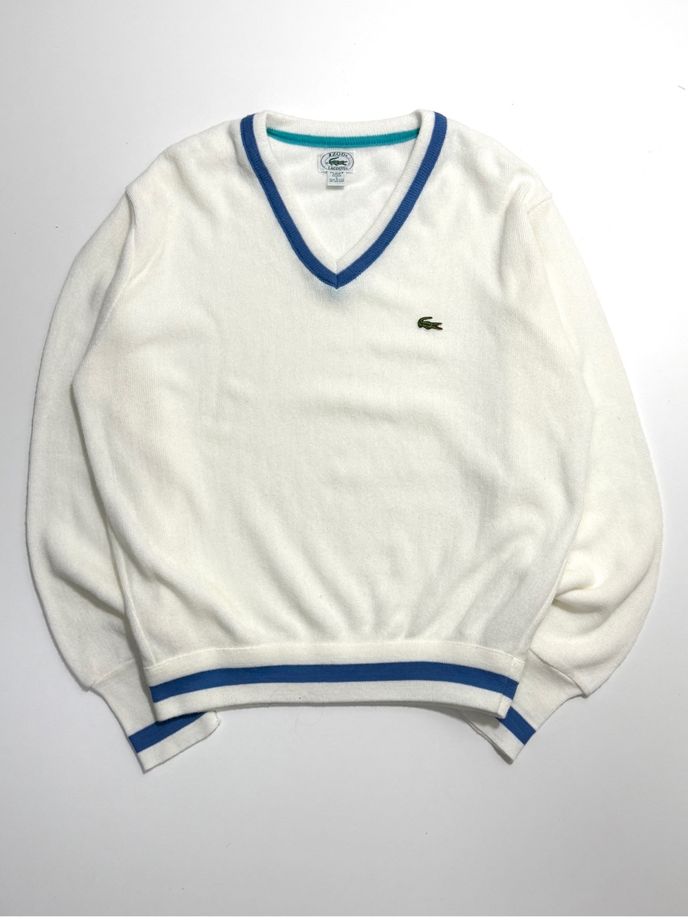 Vintage Lacoste Izod V-Neck Cricket Sweater Mens Large White Blue Holiday 1990